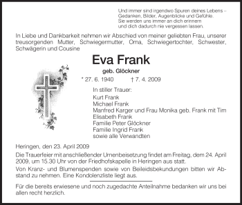 Traueranzeige von Eva Frank von HERSFELDER ZEITUNG