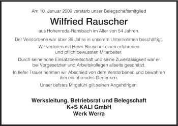 Traueranzeige von Wilfried Rauscher von HERSFELDER ZEITUNG