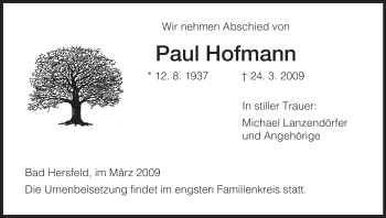 Traueranzeige von Paul Hofmann von HERSFELDER ZEITUNG