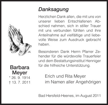 Traueranzeige von Barbara Meyer von HERSFELDER ZEITUNG