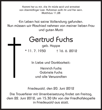Traueranzeige von Gertrud Fuchs von HERSFELDER ZEITUNG