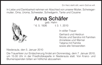 Traueranzeige von Anna Schäfer von HERSFELDER ZEITUNG