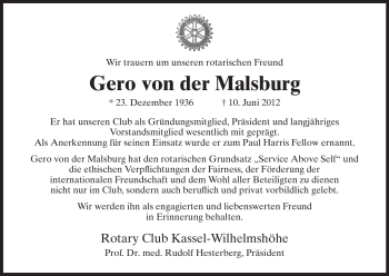 Traueranzeige von Gero von der Malsburg von HERSFELDER ZEITUNG