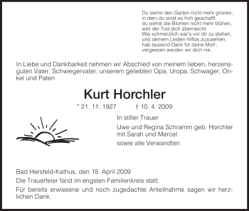 Traueranzeige von Kurt Horchler von HERSFELDER ZEITUNG
