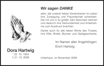 Traueranzeige von Dora Hartwig von HERSFELDER ZEITUNG