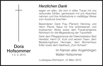 Traueranzeige von Dora Hofsommer von HERSFELDER ZEITUNG