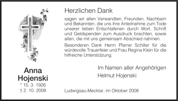 Traueranzeige von Anna Hojenski von HERSFELDER ZEITUNG