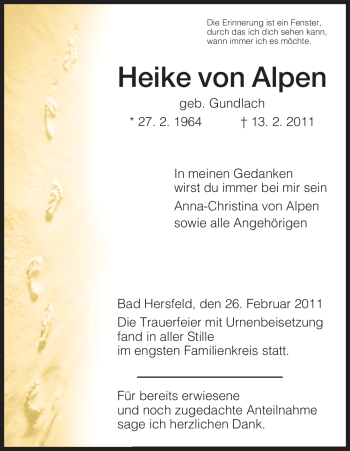 Traueranzeige von Heike von Alpen von HERSFELDER ZEITUNG