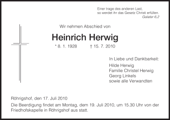 Traueranzeige von Heinrich Herwig von HERSFELDER ZEITUNG