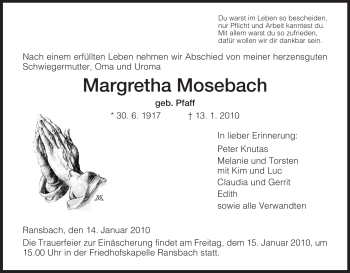 Traueranzeige von Margrethe Mosebach von HERSFELDER ZEITUNG