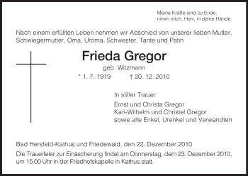 Traueranzeige von Frieda Gregor von HERSFELDER ZEITUNG