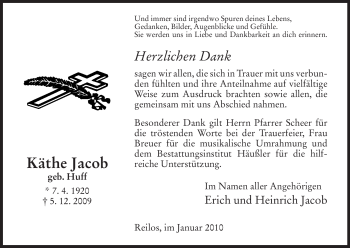 Traueranzeige von Käthe Jacob von HERSFELDER ZEITUNG