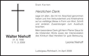 Traueranzeige von Walter Niehoff von HERSFELDER ZEITUNG