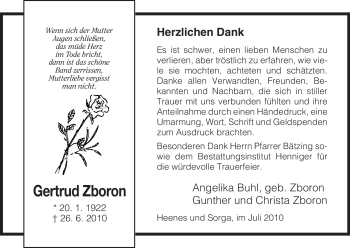 Traueranzeige von Gertrud Zboron von HERSFELDER ZEITUNG