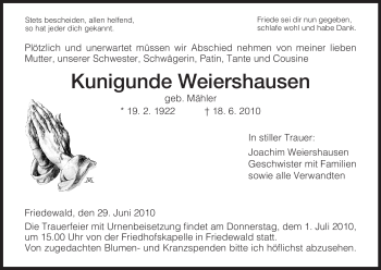Traueranzeige von Kunigunde Weiershausen von HERSFELDER ZEITUNG