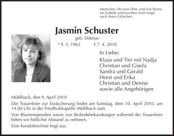 Traueranzeige von Jasmin Schuster von HERSFELDER ZEITUNG