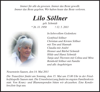 Traueranzeige von Lilo Söllner von HERSFELDER ZEITUNG