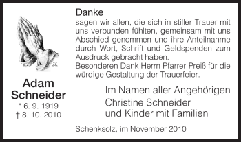 Traueranzeige von Adam Schneider von HERSFELDER ZEITUNG