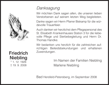 Traueranzeige von Friedrich Niebling von HERSFELDER ZEITUNG