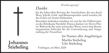 Traueranzeige von Johannes Stiebeling von HERSFELDER ZEITUNG