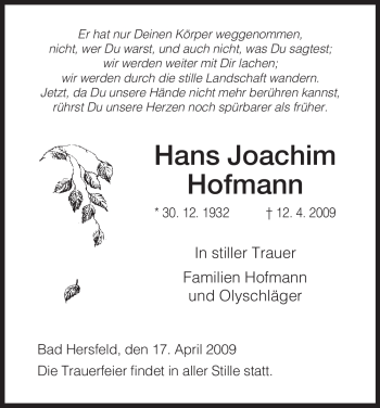 Traueranzeige von Hans Joachim Hofmann von HERSFELDER ZEITUNG