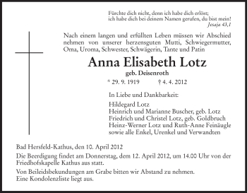 Traueranzeige von Anna Elisabeth Lotz von HERSFELDER ZEITUNG