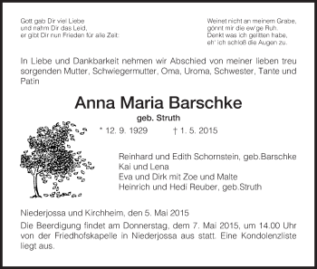 Traueranzeige von Anna Maria Barschke von Hersfeld