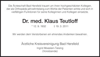 Traueranzeige von Klaus Teutloff von HERSFELDER ZEITUNG