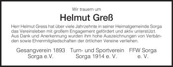 Traueranzeige von Helmut Greß von HERSFELDER ZEITUNG
