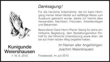 Traueranzeige von Kunigunde Weirshausen von HERSFELDER ZEITUNG