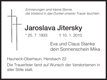 Traueranzeige von Jaroslava Jitersky von HERSFELDER ZEITUNG