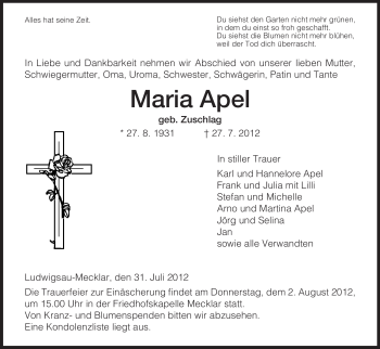 Traueranzeige von Maria Apel von HERSFELDER ZEITUNG