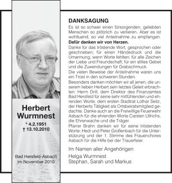 Traueranzeige von Herbert Wurmnest von HERSFELDER ZEITUNG