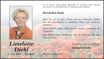 Traueranzeige von Lieselotte Diehl von HERSFELDER ZEITUNG