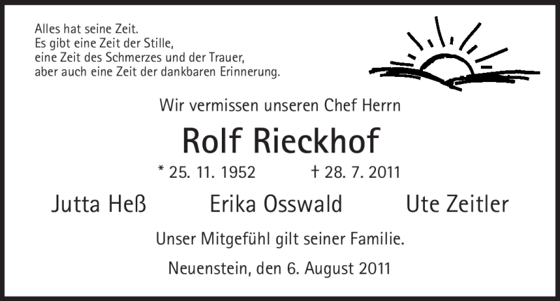  Traueranzeige für Rolf Rieckhof vom 04.08.2011 aus HERSFELDER ZEITUNG