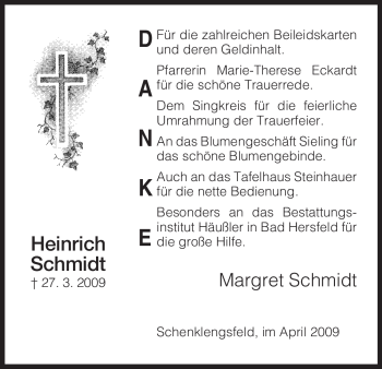 Traueranzeige von Heinrich Schmidt von HERSFELDER ZEITUNG