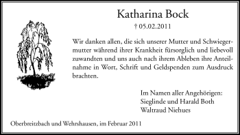 Traueranzeige von Katharina Bock von HERSFELDER ZEITUNG