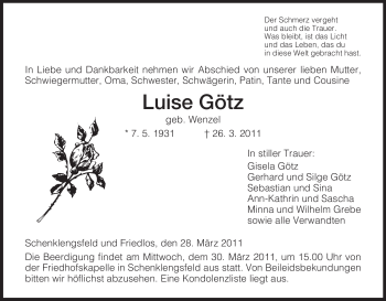 Traueranzeige von Luise Götz von HERSFELDER ZEITUNG