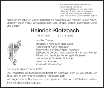 Traueranzeige von Heinrich Klotzbach von HERSFELDER ZEITUNG