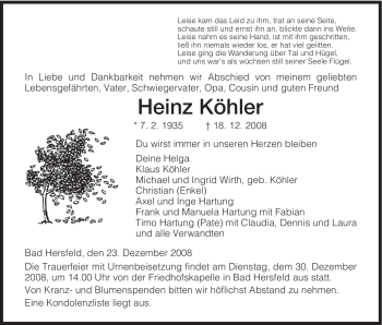 Traueranzeige von Heinz Koehler von HERSFELDER ZEITUNG