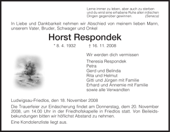 Traueranzeige von Horst Respondek von HERSFELDER ZEITUNG