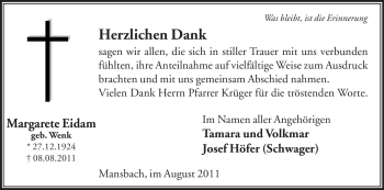 Traueranzeige von Margarete Eidam von HERSFELDER ZEITUNG