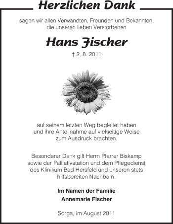 Traueranzeige von Hans Fischer von HERSFELDER ZEITUNG