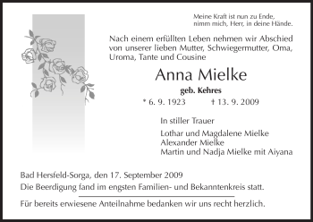 Traueranzeige von Anna Mielke von HERSFELDER ZEITUNG