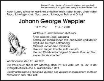 Traueranzeige von Johann George Weppler von HERSFELDER ZEITUNG