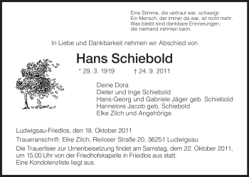 Traueranzeige von Hans Schiebold von HERSFELDER ZEITUNG