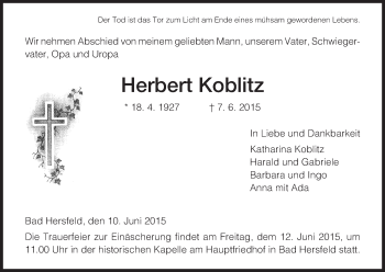 Traueranzeige von Herbert Koblitz von Hersfeld
