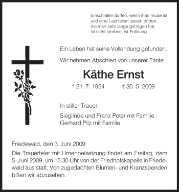 Traueranzeige von Käthe Ernst von HERSFELDER ZEITUNG