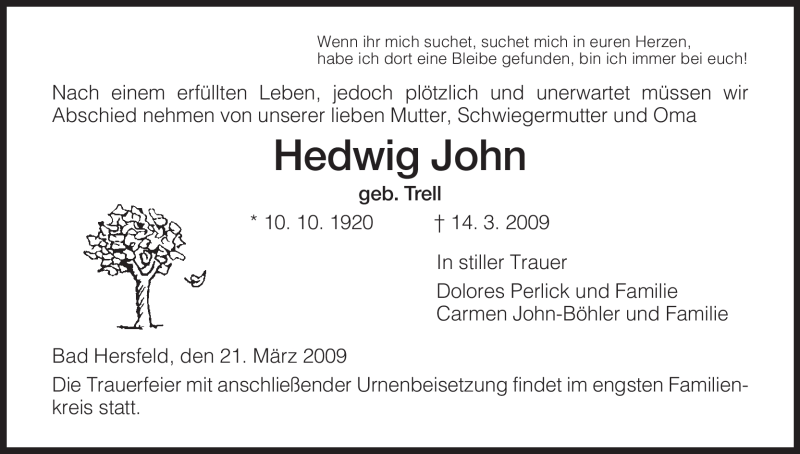 Traueranzeige für Hedwig John vom 21.03.2009 aus HERSFELDER ZEITUNG