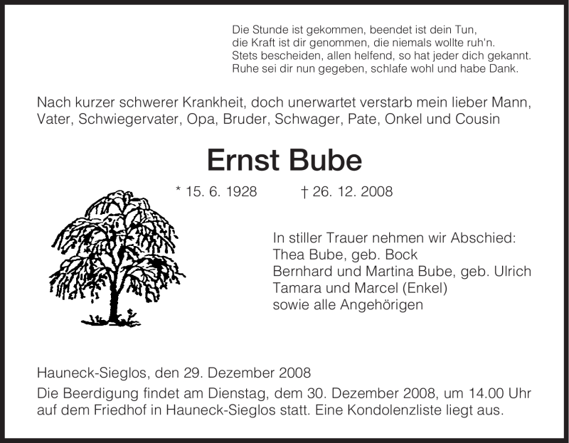  Traueranzeige für Ernst Bube vom 29.12.2008 aus HERSFELDER ZEITUNG